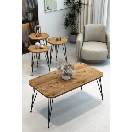 Barin Design 3'lü Sekizgen Zigon Sehpa ve Dikdörtgen Orta Sehpa Takımı Modern Siyah Metal Ayaklı Salon Sehpa Seti