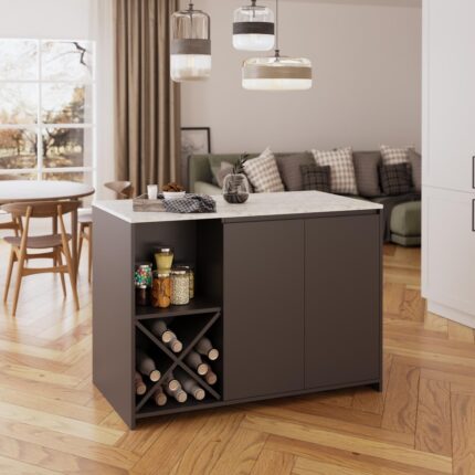 Bimossa Vino L5130 Mutfak Adası 127 cm  Mermer Üst Antrasit Alt Şaraplık Depolamalı Oturmalı Çok Amaçlı Ada Masa - Görsel 3