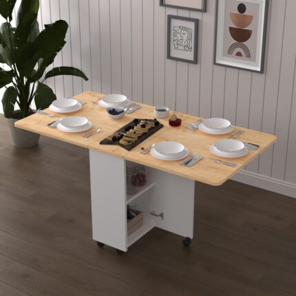 Asra Trend MDF Katlanır Mutfak Yemek Çalışma Masası, Beyaz-Safir Meşe, 155×75×70 cm, KM-13