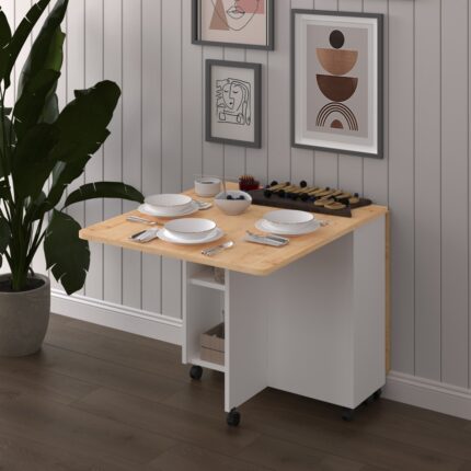 Asra Trend MDF Katlanır Mutfak Yemek Çalışma Masası, Beyaz-Safir Meşe, 155×75×70 cm, KM-13 - Görsel 2