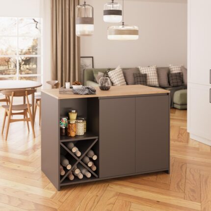 Bimossa Vino L5120 Mutfak Adası 127 cm  Sepet Ahşap Üst Antrasit Alt Şaraplık Oturmalı Depolamalı Çok Amaçlı Masa - Görsel 3