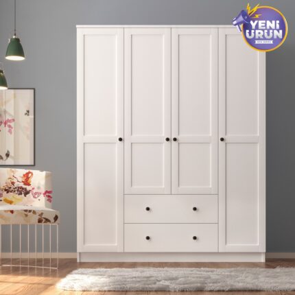 Rabi Mobilya Rabi Side Gardırop 4 Kapak 2 Çekmece, 140×52×184 cm, Beyaz, MDF Membran Kapak
