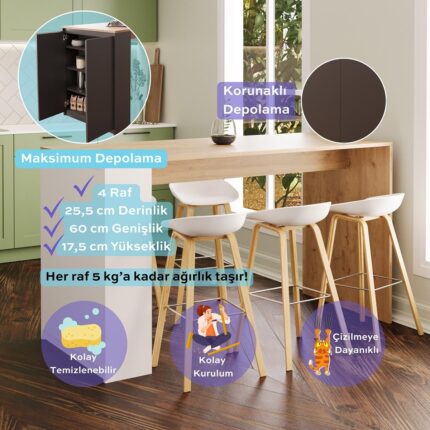 Bimossa Edgar L4810 Mutfak Adası Bar Masası 160  cm  Ahşap Üst Beyaz Alt Çok Amaçlı Depolamalı Oturmalı Masa - Görsel 3