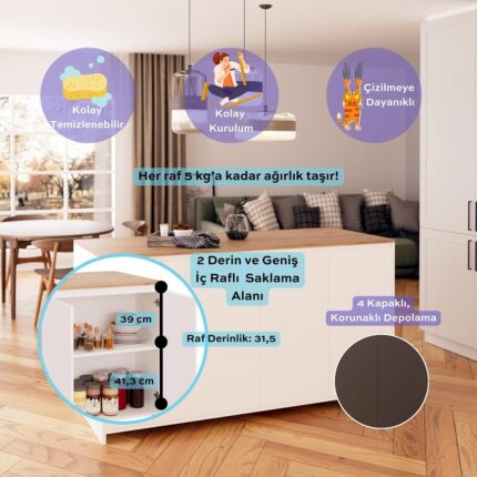 Bimossa Diego L4610 Mutfak Adası 160 cm Beyaz Ahşap Üst Bar Masası Kahve Köşesi Çok Amaçlı Depolamalı Saklama Dolabı - Görsel 3