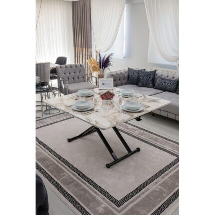 Sehpam Akıllı Home Üst Tabla Mdf Beyaz Mermer Desen Oval Köşe Alt Ayak Siyah - Görsel 2