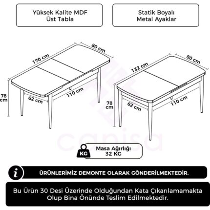 Canisa Zen Serisi 80 x 132 Mdf Açılabilir Beyaz Üst Tabla Siyak Ayak Mutfak Masası - Görsel 3