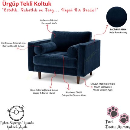 DECORAev Ürgüp Lacivert Tekli Koltuk Berjer Terapi Koltuğu Bekleme Koltuğu - Görsel 5