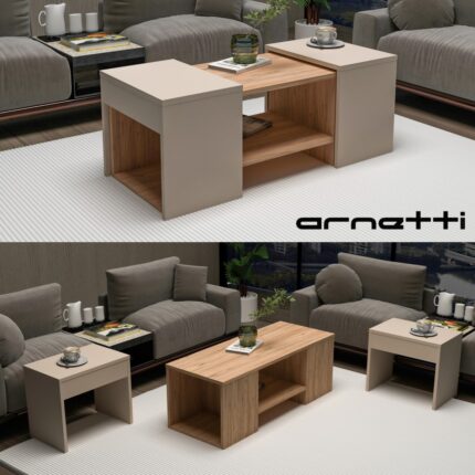 Arnetti Sartos 3'lü Zigonlu Modern Orta Sehpa Salon Sehpası, Atlantik Çam Bej - Sartos