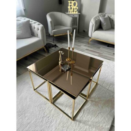 Home Plus Mobilya 4+1 Gold Kaplama Bronz Ayna Orta Sehpa - Görsel 5