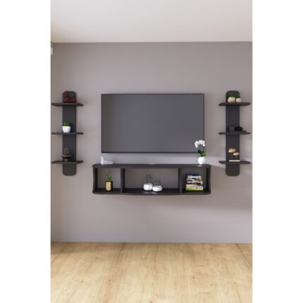 HMC Decor 120 cm  Ayaksız Duvara Monteli Tv Ünitesi ve 2 Adet 90 cm  Uzunluk Duvar Rafı