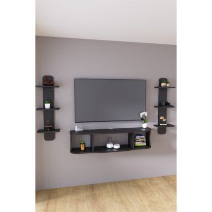 HMC Decor 120 cm  Ayaksız Duvara Monteli Tv Ünitesi ve 2 Adet 90 cm  Uzunluk Duvar Rafı - Görsel 2