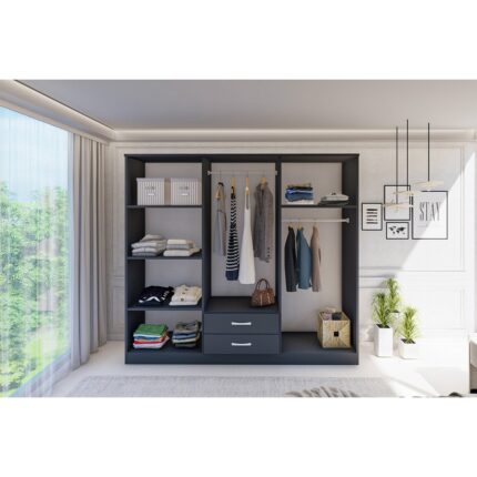 Metalia  gm 0034 Lüx Aynalı 6 Kapılı 2 Çekmeceli Antrasit Gri Gardırop - Görsel 2