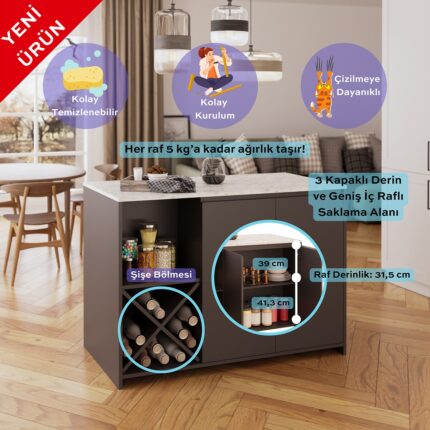 Bimossa Vino L5130 Mutfak Adası 127 cm  Mermer Üst Antrasit Alt Şaraplık Depolamalı Oturmalı Çok Amaçlı Ada Masa - Görsel 2