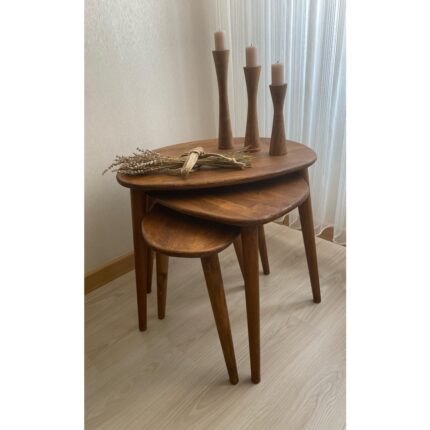 Masif Special Kayın Masif Ahşap 3'lü Zigon Sehpa Seti, Yuvarlak Modern Tasarım, Doğal Ahşap Sehpa Takımı , 3 lü Şamdan Set hediye - Görsel 2