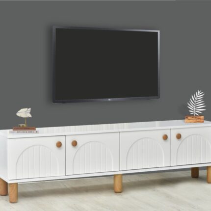 Neva Mobilya Lidya Beyaz Klasik Tv Sehpası 4 Kapaklı Kavisli Kapak Detaylı Düz Yüzeyli Tasarım 180x36x50 Cm - Görsel 3