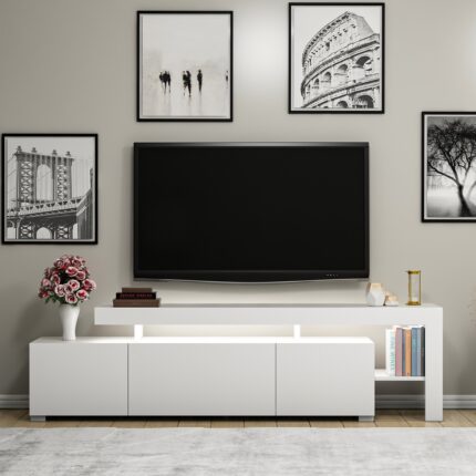 İnarch Dizayn Beliz Modern LED Işıklı 3 Kapaklı, Raflı TV Sehpası – 192 cm - Beyaz
