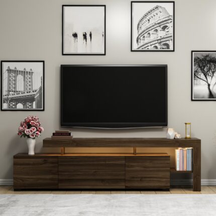 İnarch Dizayn Beliz Modern LED Işıklı 3 Kapaklı, Raflı TV Sehpası – 192 cm - Ceviz - Görsel 2
