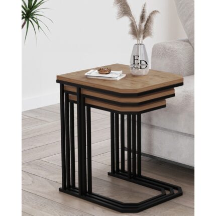 ED Efelez Design Lyon 3'lü C Zigon Sehpa Siyah Metal - Atlantik Çam Tabla