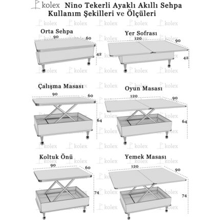 kolexonline Nino Çekmeceli Akıllı Sehpa Tekerli Ayaklı Yemek Masası Çalışma Masası Beyaz Renk - Görsel 4