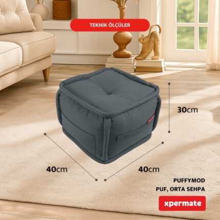 Xpermate x permate Puffymod Dekoratif Kare Puf Orta Sehpa Ayak Uzatma Puf 40 x 40  cm  Gri - Görsel 2