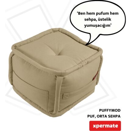 Xpermate x permate Puffymod Dekoratif Kare Puf Orta Sehpa Ayak Uzatma Puf 40 x 40  cm  Bej