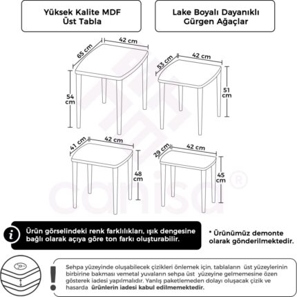 Canisa Lyon Serisi Krem 4'lü Mdf Lake Boyalı Zigon Sehpa ve Orta Sehpa Takımı Ayaklı - Görsel 4