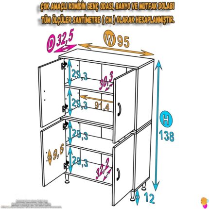 Modilayn İLKİM 95x138x32,5 cm Ekstra Düzen İçin Kullanışlı 4 Kapak 4 Bölmeli Banyo Mutfak Dolabı - Görsel 4