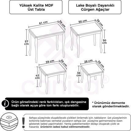 Canisa Concept Roma Serisi , 4lü Zigon Sehpa Takımı, 1. Sınıf Mdf ve Lake Boya, Gürgen Ayak - Görsel 5