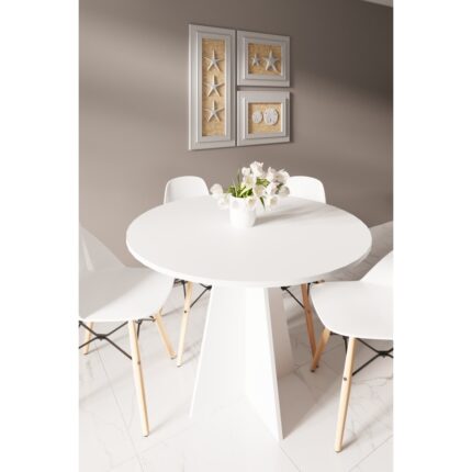 HMC Decor Modern Yuvarlak 100CM Yemek Masası-Mutfak Masası (Sandalyeler Temsilidir) Mat Beyaz Yuvarlakmasa, One Size