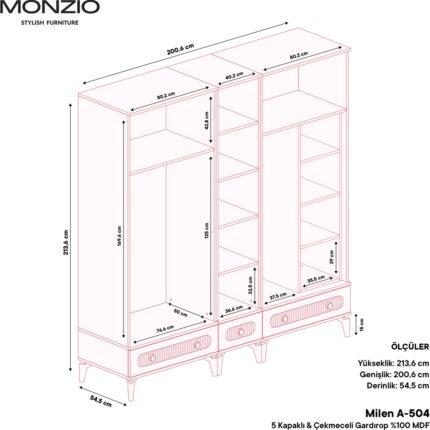 Monzio Milen 5 Kapaklı Çekmeceli Gardırop Tamamı MDF (Beyaz) - Görsel 4