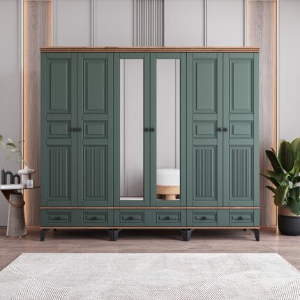 Monzio Terra 6 Kapaklı Çekmeceli Gardırop Tamamı Mdf (Yeşil)