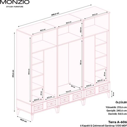 Monzio Terra 6 Kapaklı Çekmeceli Gardırop Tamamı Mdf (Aytaşı) - Görsel 4