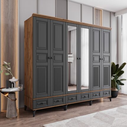 Monzio Terra 6 Kapaklı Çekmeceli Gardırop Tamamı Mdf (Antrasit) - Görsel 2