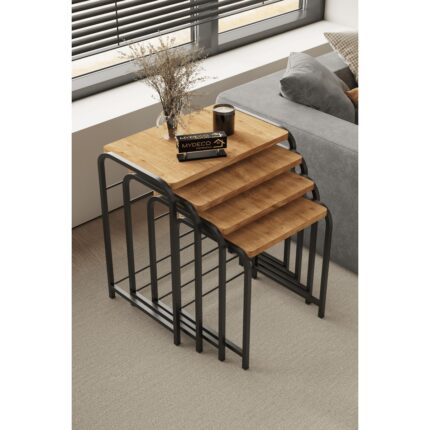 Home Plus Mobilya Defne 4' Lü Zigon Sehpa Siyah Ayak Atlantik Çam 18 mm Mdf