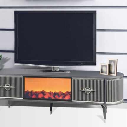 Neva Mobilya Maya Şömineli Tv Sehpası Antrasit Gümüş Oval 2 Kapaklı 1 Çekmeceli Metalik Detaylı 180x40x53 Cm - Görsel 2