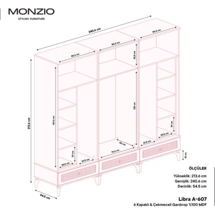 Monzio Libra 6 Kapaklı Çekmeceli Gardırop Tamamı Mdf (Aytaşı) - Görsel 4