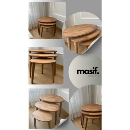 Masif Special Kayın Masif Ahşap 3'lü Zigon Sehpa Seti, Yuvarlak Modern Tasarım, Doğal Ahşap Sehpa Takımı , 3 lü Şamdan Set hediye - Görsel 4