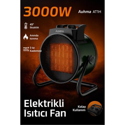 Auhma AT1H Elektrikli Isıtıcı Fan Yeşil | 3000W Hızlı Isınma, 3 Kademeli Ayar, Sessiz Ptc Isıtma Teknolojisi