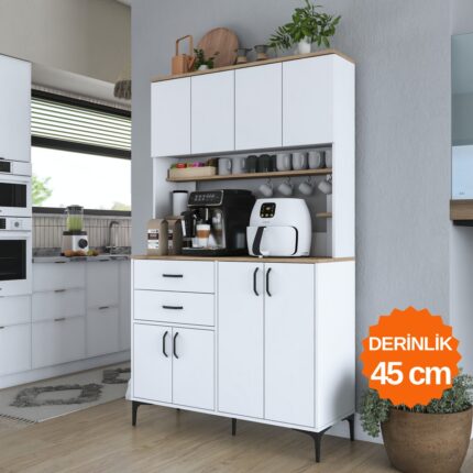 Rani JE212 Kahve Köşesi Çok Amaçlı Dolap 8 Kapaklı 2 Çekmeceli Raflı Kiler Mutfak Dolabı Beyaz - Sepet Ceviz