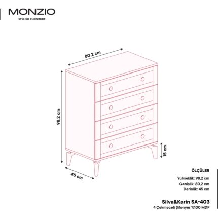 Monzio Silva&karin 4 Çekmeceli Şifonyer Tamamı Mdf (Antrasit) - Görsel 3