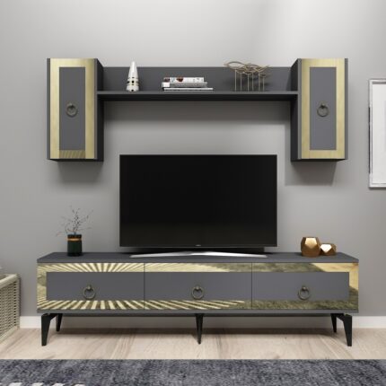 Cantek Dizayn Ponnyct 180 cm Tv Ünitesi Takımı Antrasit Altın