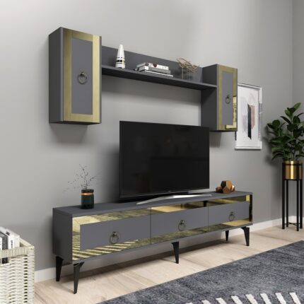 Cantek Dizayn Ponnyct 180 cm Tv Ünitesi Takımı Antrasit Altın - Görsel 5