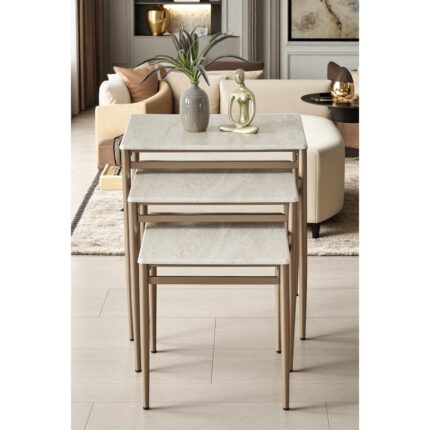 Fursimo Damrin Serisi Traverten Desen 1. Sınıf Mebran Mdf 3’lü Zigon Sehpa Takımı - Bronz Ayak - Görsel 2