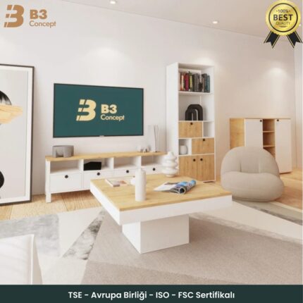 B3 Concept Nort Iı Serisi Modern Dekoratif Kare Salon Orta Sehpa Safir Meşe & Beyaz