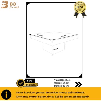 B3 Concept Nort Iı Serisi Modern Dekoratif Kare Salon Orta Sehpa Safir Meşe & Beyaz - Görsel 5