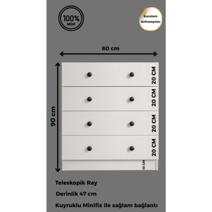 Cabinse Mdf  4 Çekmeceli Şifonyer Soft Beyaz Kolay Kurulum Animasyonu- Cabinse - Görsel 5