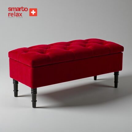 Smarto Relax Swiss Style Puf Saanen Kapitone Puf,baby face Polyester Kaplama,Ahşap Ayaklı Sandikli Dekoratif 110x40x45 cm puf(Kırmızı) - Görsel 2