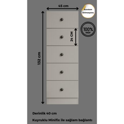 Cabinse %100 Mdf  5 Çekmece Şifonyer Gri Teleskopik Ray Kurulum Animasyonu 132X45X40 cm