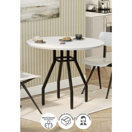 Bofigo Yuvarlak Yemek Masası 80 cm Mutfak Masası Balkon Masası Roma Beyaz