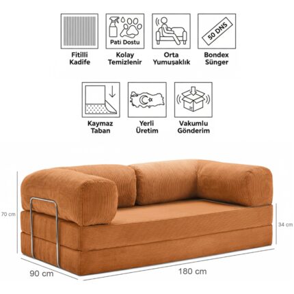 Evessan 90X180 Kanepe - Fitilli Kadife Yıkanır Silinir Pratik Yer Yatağı 50 Dns Bondex 90X180CM